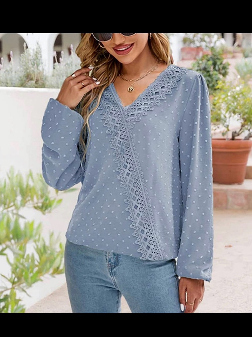 Women's Dusty Blue Lace-Trim V-Neck Blouse